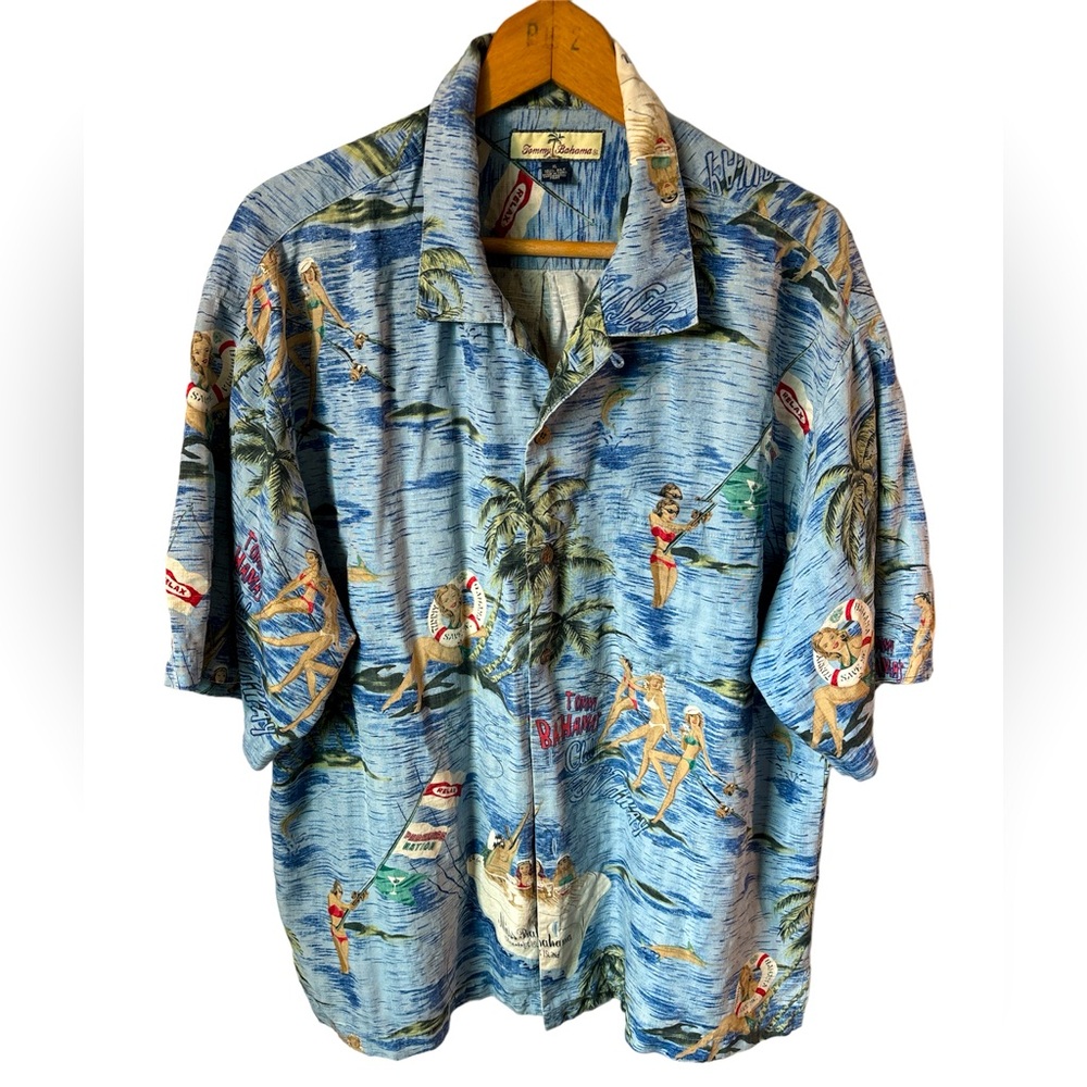 Tommy Bahama short sleeve button down SILK Hawaiian, fishing, island, Size XL